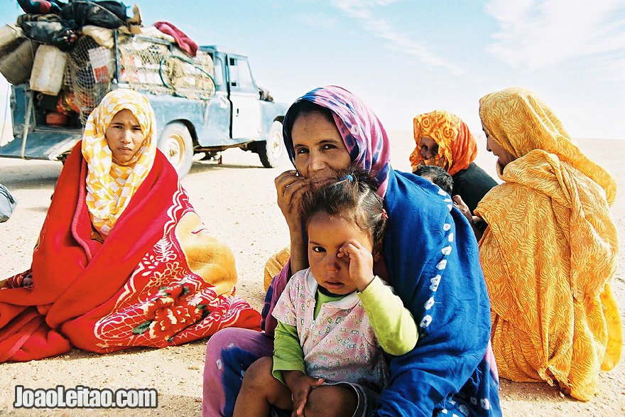 Women in Sahara Desert tracks of Sebkhet Oum way to Bir Moghrein, Northern Mauritania